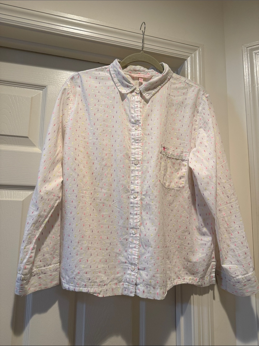 Victoria's Secret White Button-Down Shirt Confetti Accent Dots Cotton pocket Med